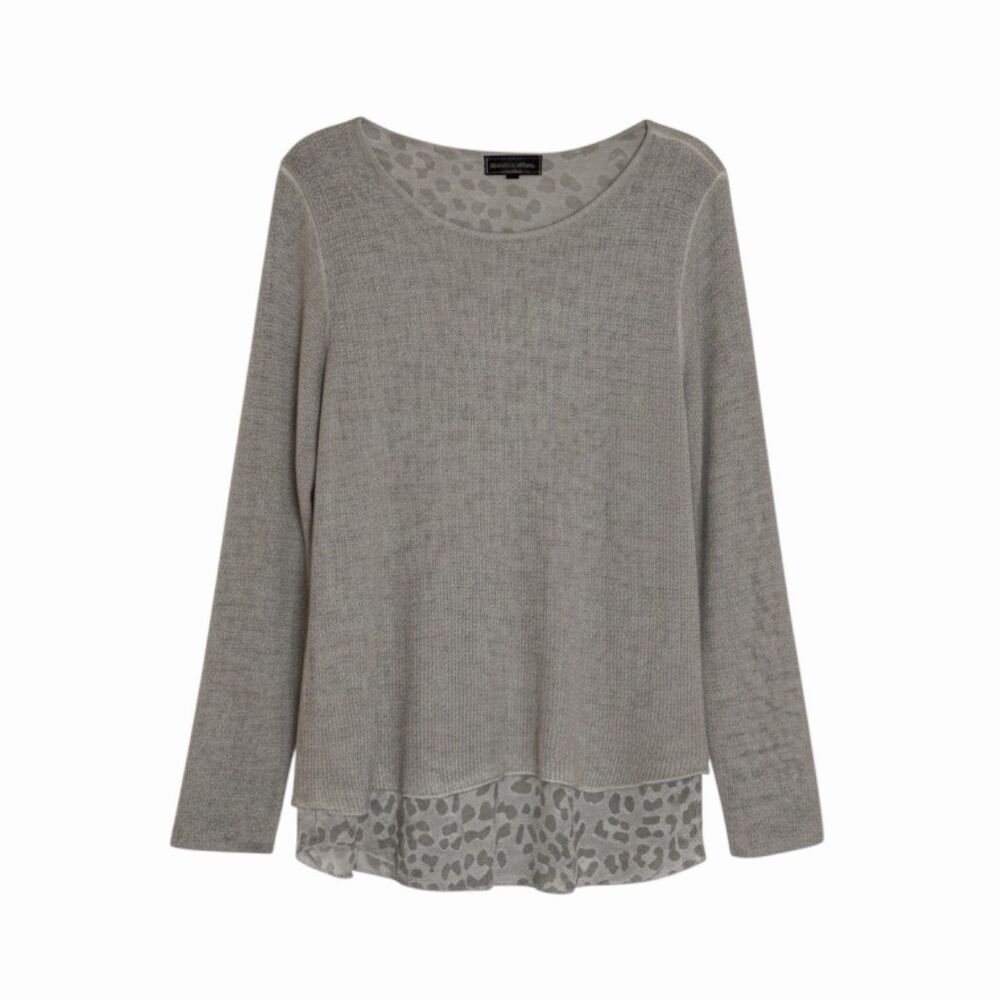 Flora Ashley Sweater TwoFer Layered Blouse Top Shirt Animal Gray M
